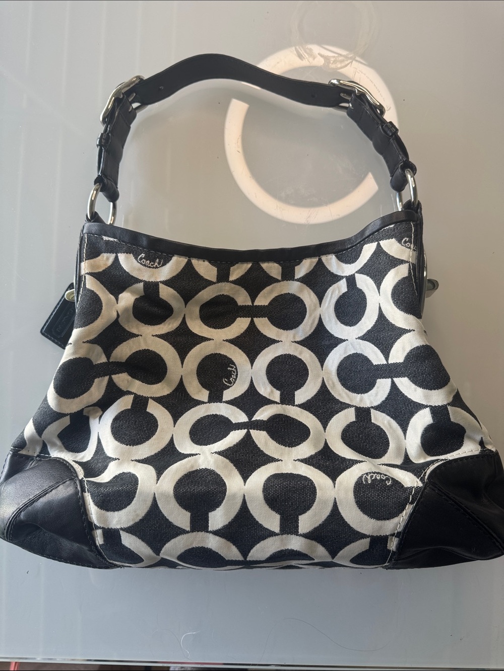 Coach Peyton Navy Blue & White Signature Denim Canvas Shoulder Bag